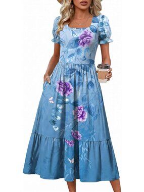 Zeagoo Women's Blue Floral Flowy Casual Short Sleeve Tiered Midi Maxi Dress